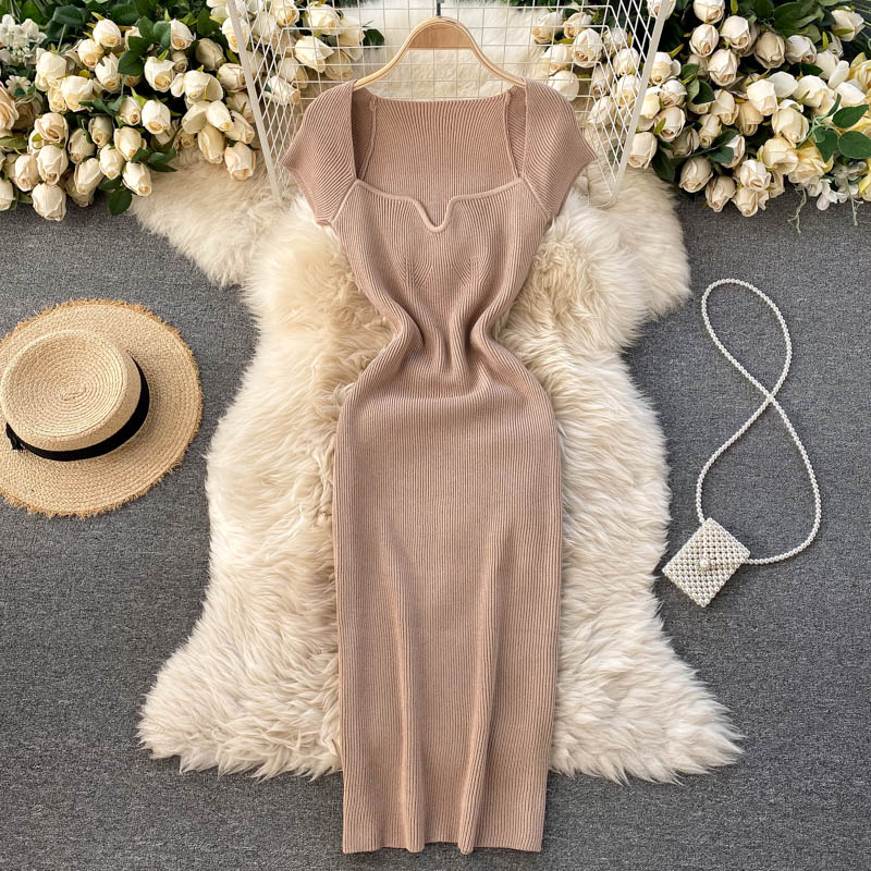 Back Slit Square Neck Casual Vintage Elegant Midi Dress