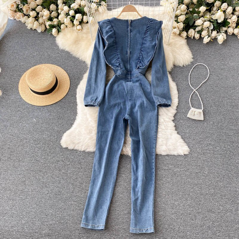 Vintage Square Collar Long Sleeve Ruffled Slim Denim Jumpsuit Denim Jumpsuit