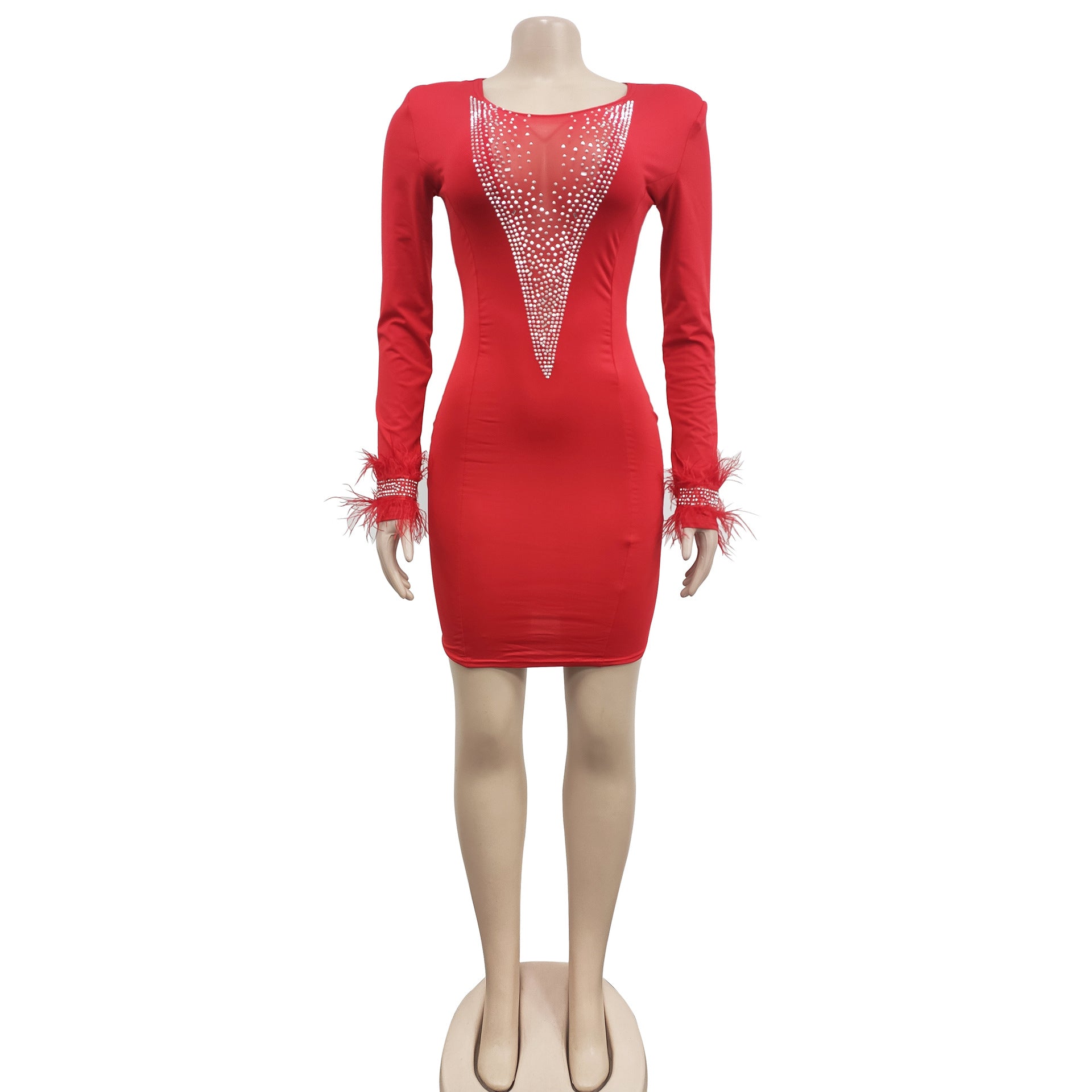 Diamonds Hot Drill Mesh See Though Patchwork Long Sleeve Bodycon Midi Mini Dress