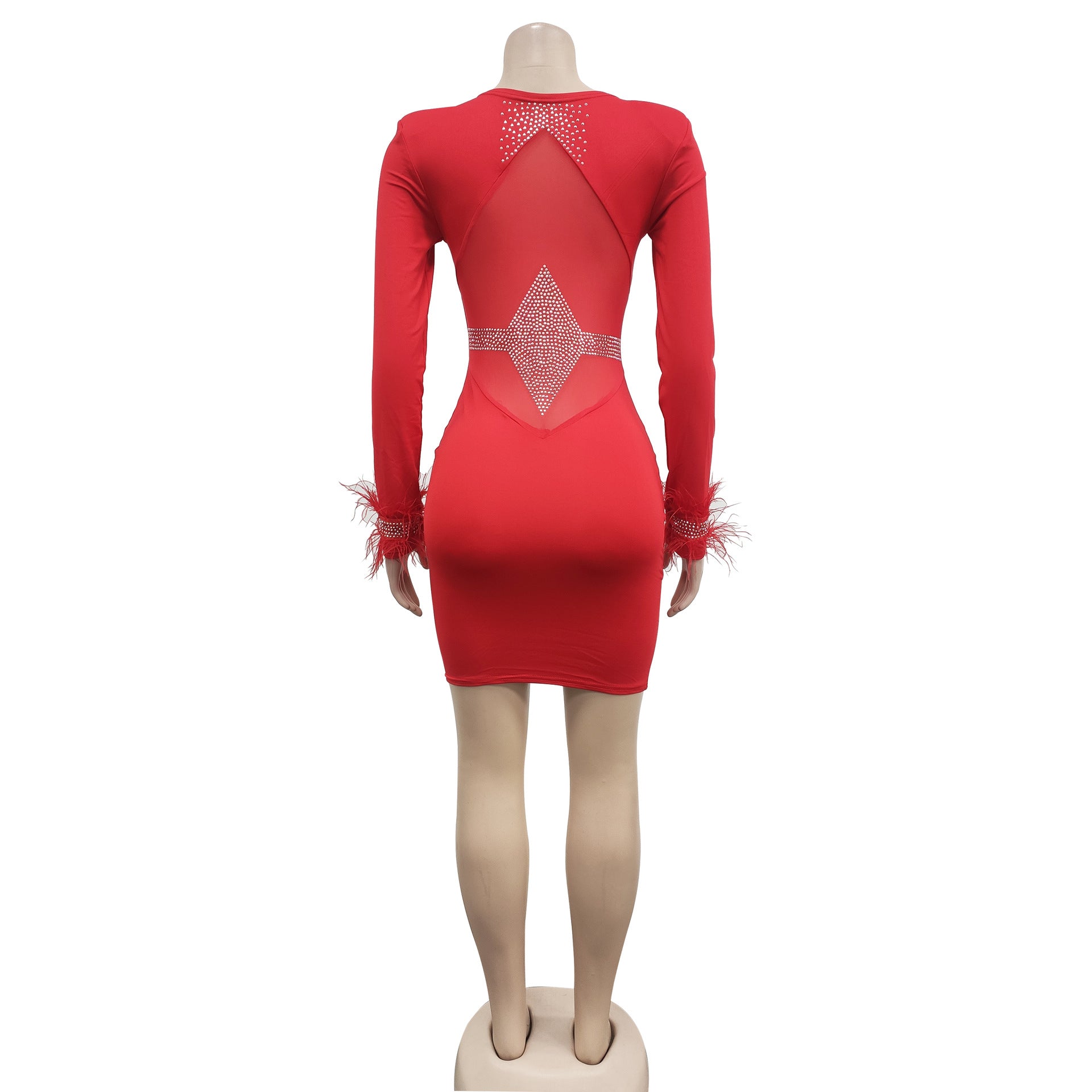 Diamonds Hot Drill Mesh See Though Patchwork Long Sleeve Bodycon Midi Mini Dress