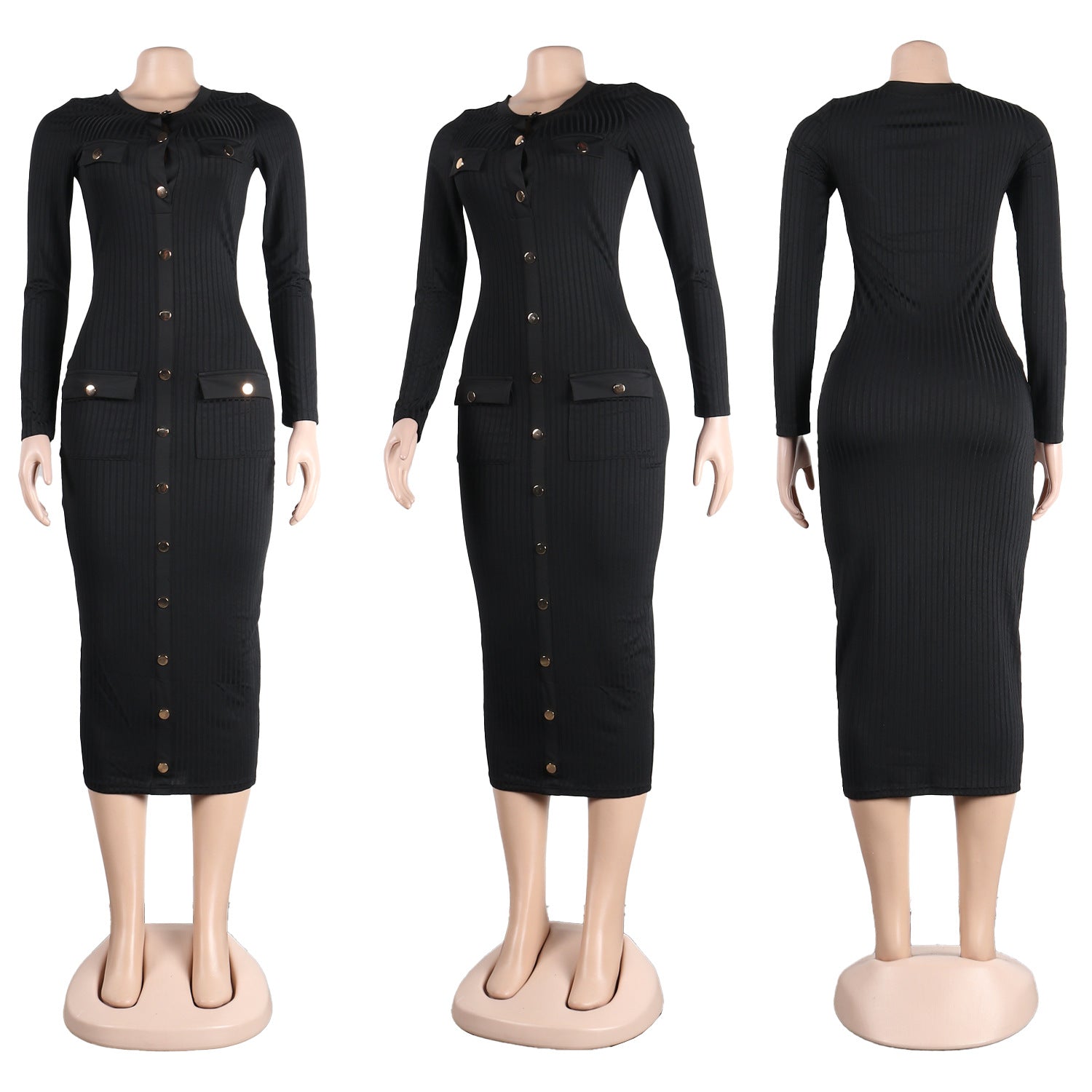 Vintage Knit Ribbed Long Sleeve Bodycon Midi Dress