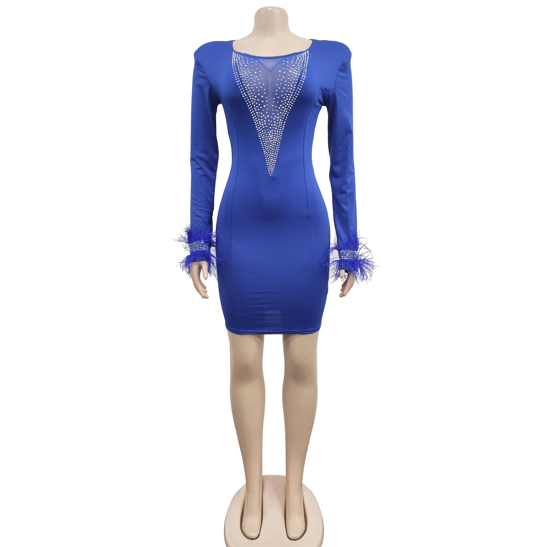 Diamonds Hot Drill Mesh See Though Patchwork Long Sleeve Bodycon Midi Mini Dress