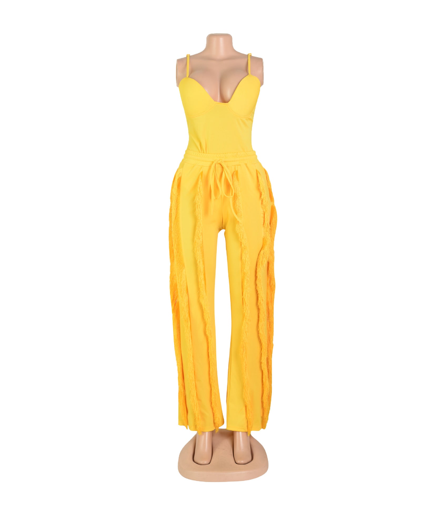 Strapless Plunging V-neck Top and Tassel Straight Pants Suit