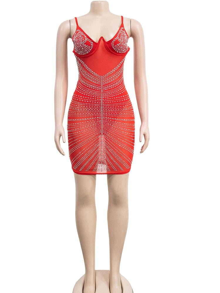 Sparkle See-Through Mesh Crystal Studded Mini Dress