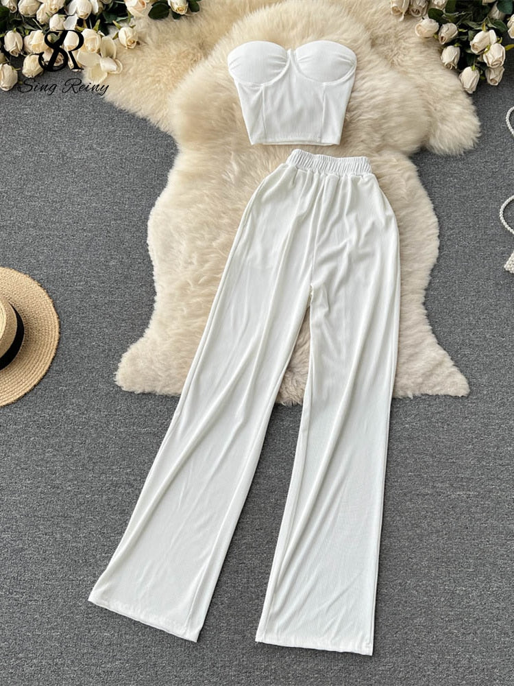 Strapless Slim Camisole + Wide Leg Long Pants Two Piece Suits