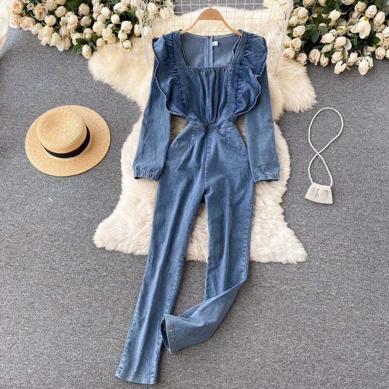 Vintage Square Collar Long Sleeve Ruffled Slim Denim Jumpsuit Denim Jumpsuit