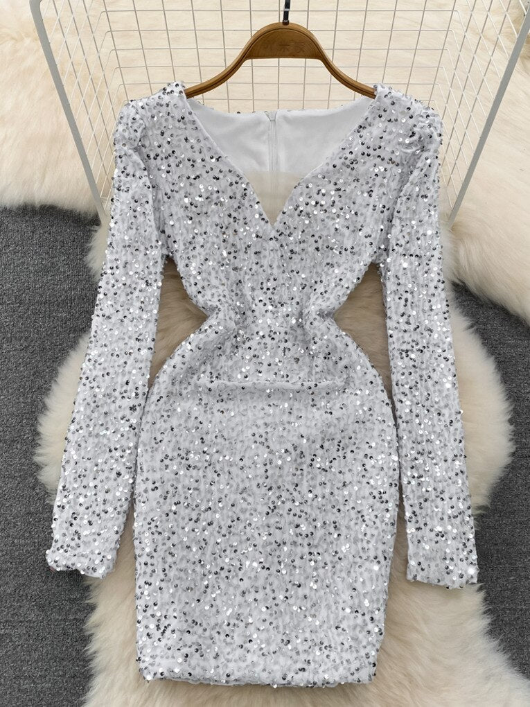 Sequins Glittering Mini Elegant Mesh Patchwork V-neck Long Sleeve Slim Bodycon Velvet Dress