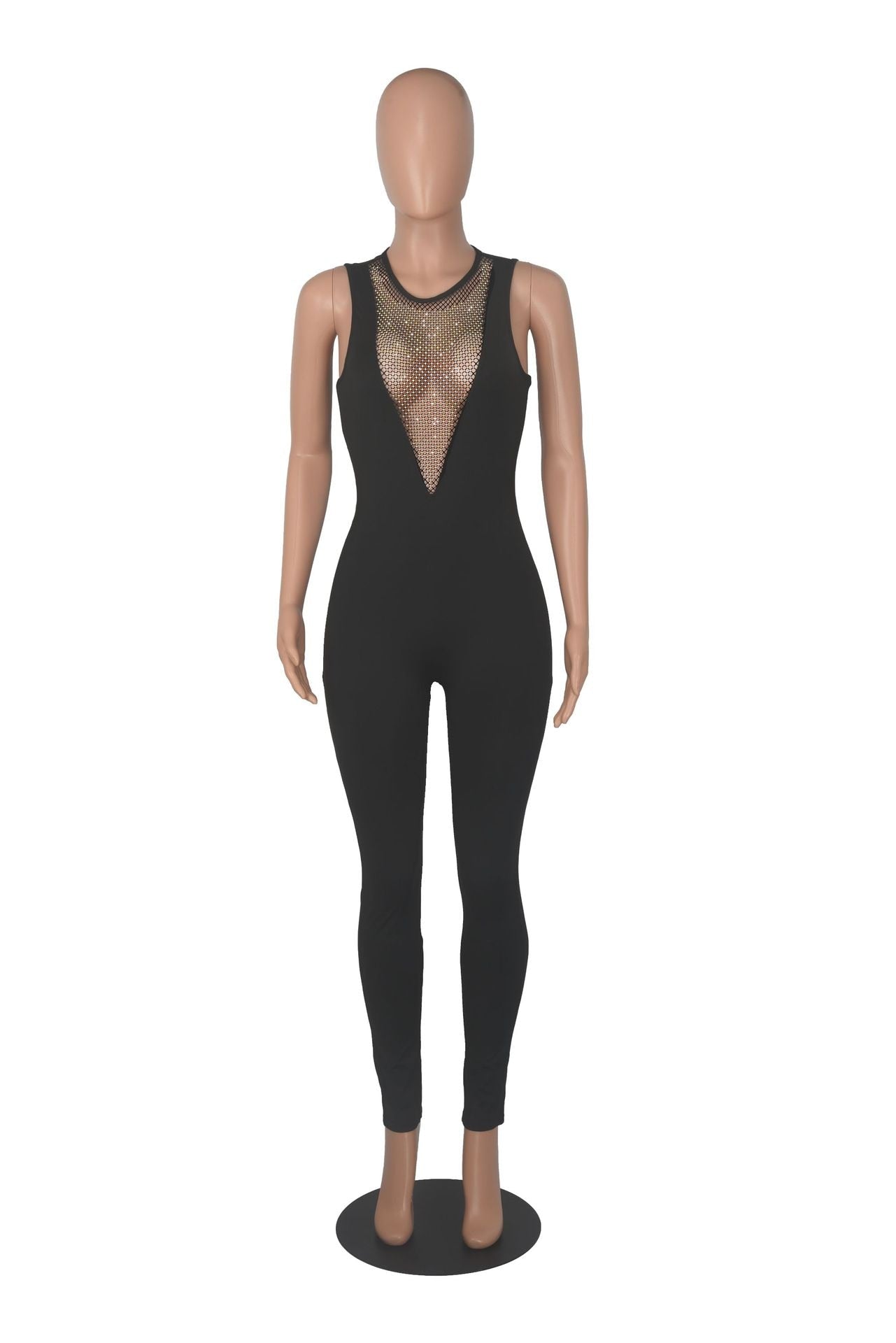 Deep V Neck Sequin Mesh See Through Jumpsuit