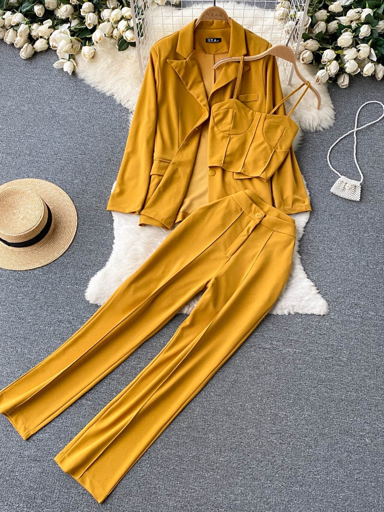 Elegant Three Piece Tank Tops Loose Jacket and Slim High Waisted Long Pants Suits