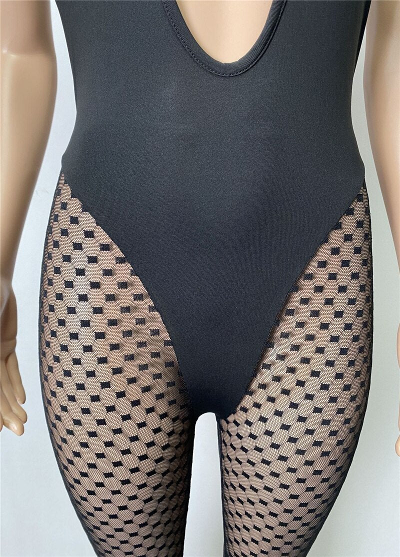 Sexy Mesh Sheer Patchwork Bodycon Jumpsuit