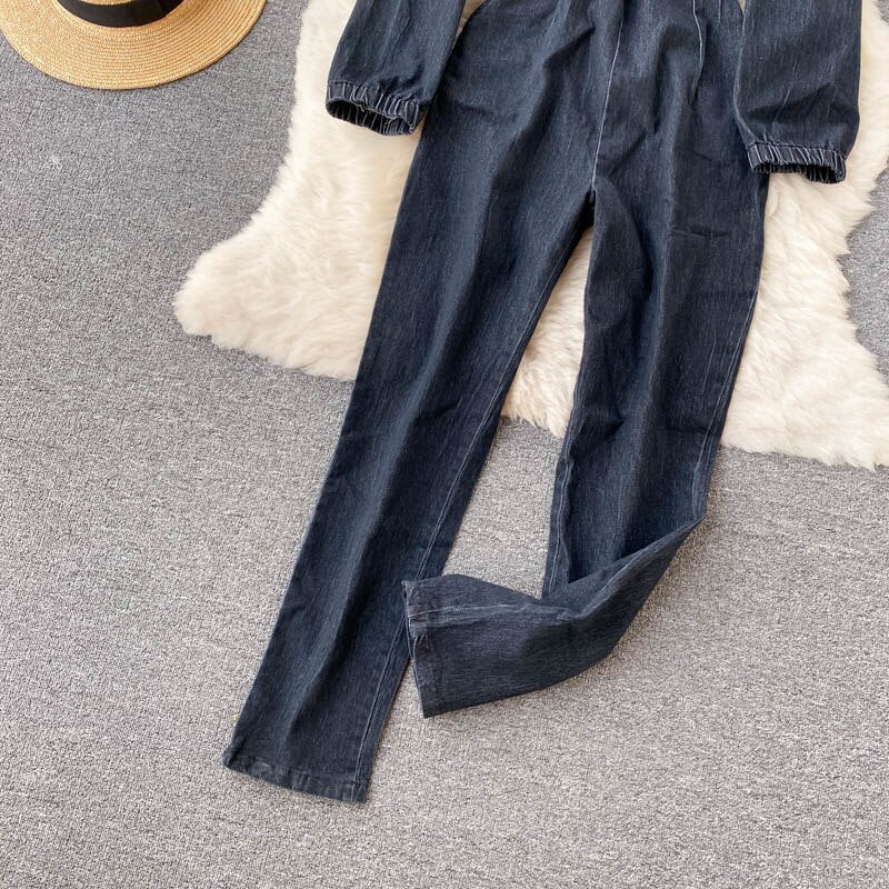 Vintage Square Collar Long Sleeve Ruffled Slim Denim Jumpsuit Denim Jumpsuit