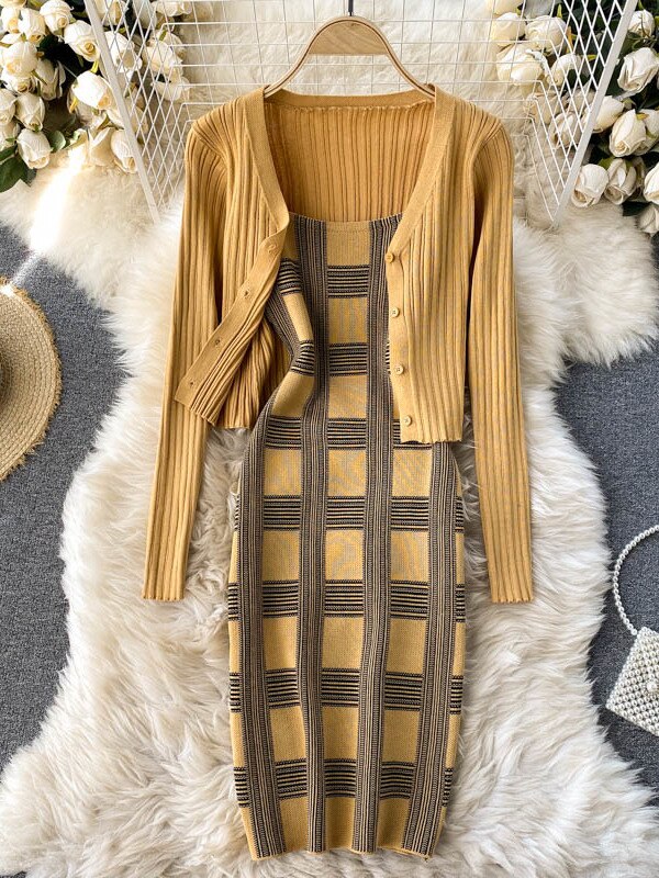 plaid print spaghetti strap bodycon mini dress and long sleeve knit cardigan suits