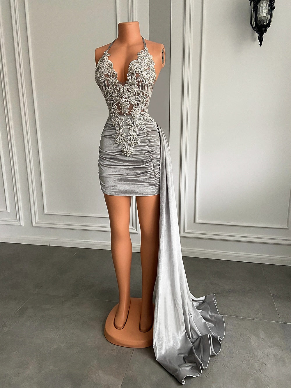 Embroidery V-neck Sheer Beaded Silver Velvet Sequined Dress