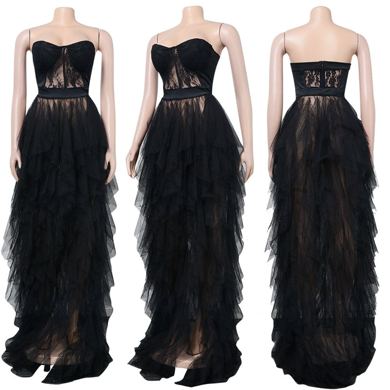 Corset Lace Maxi Mesh See Through Dress