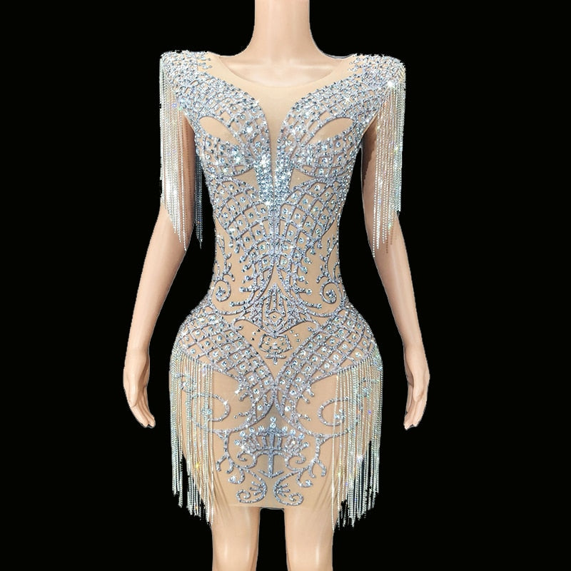 Elegant Sparkly Silver Rhinestones Chain Sleeves Mesh Bodycon Transparent Dress.