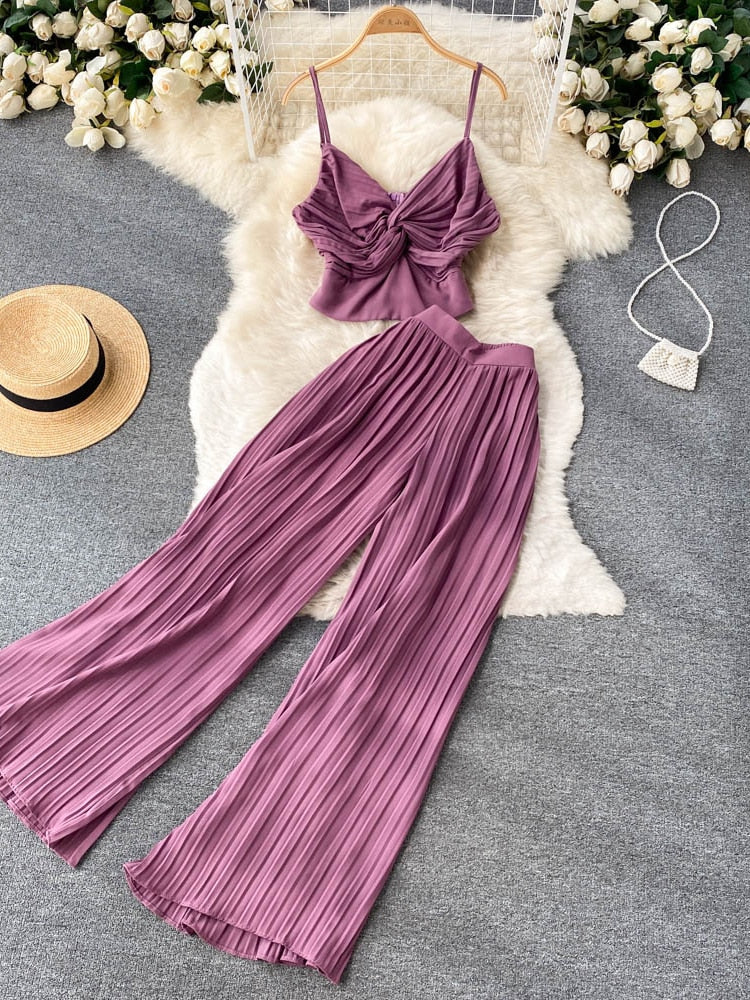 Spaghetti Strap Tops High Waist Long Pants Two Piece Set