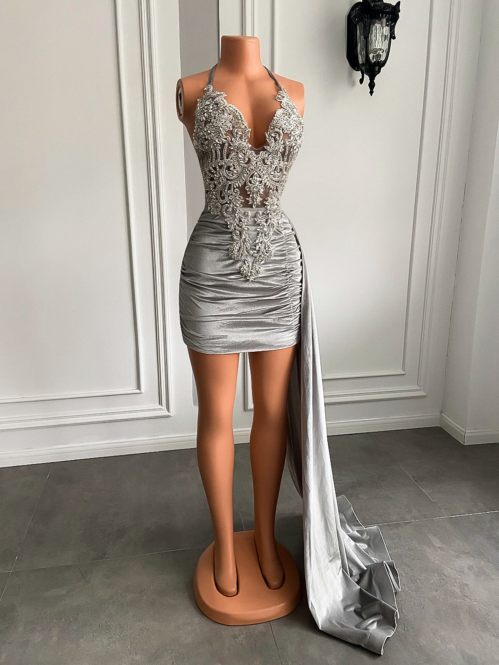 Embroidery V-neck Sheer Beaded Silver Velvet Sequined Dress