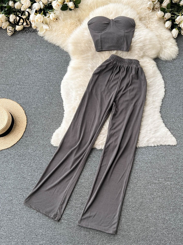 Strapless Slim Camisole + Wide Leg Long Pants Two Piece Suits