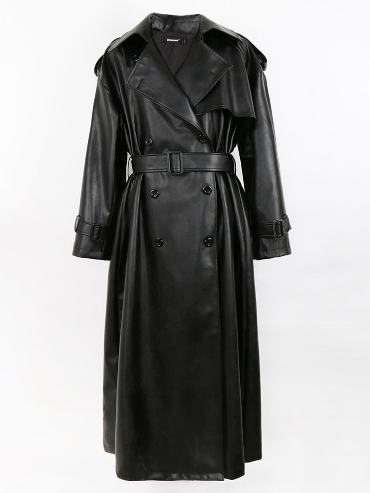 Black Pu Leather Trench Coat