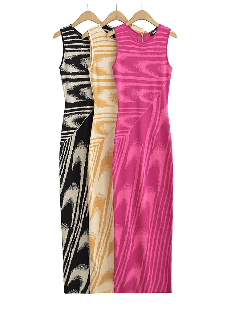 Abstract Knitted Sleeveless Stretchable Slim Maxi Dresses