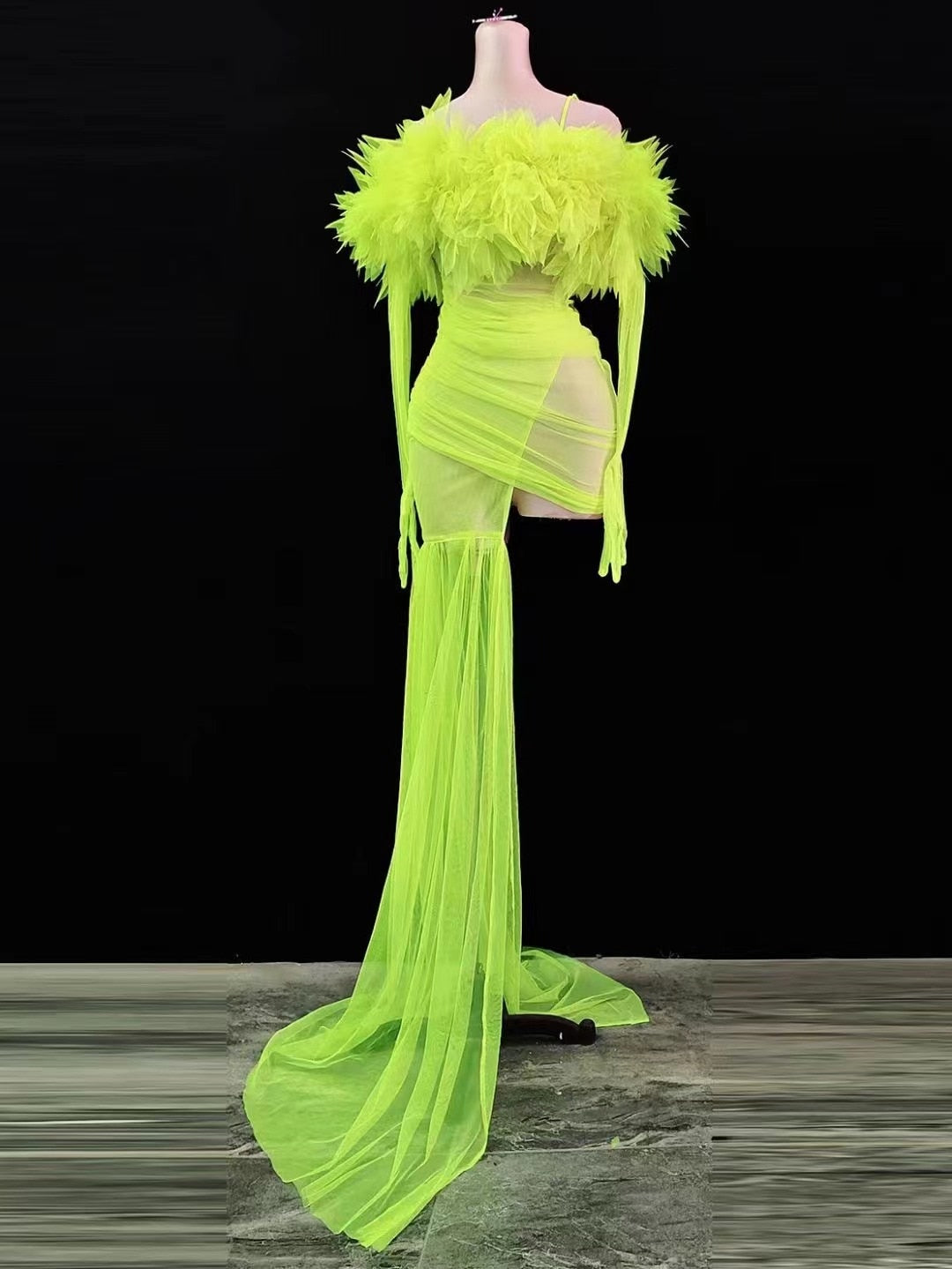 Neon Green Mesh Long Transparent Train Dress