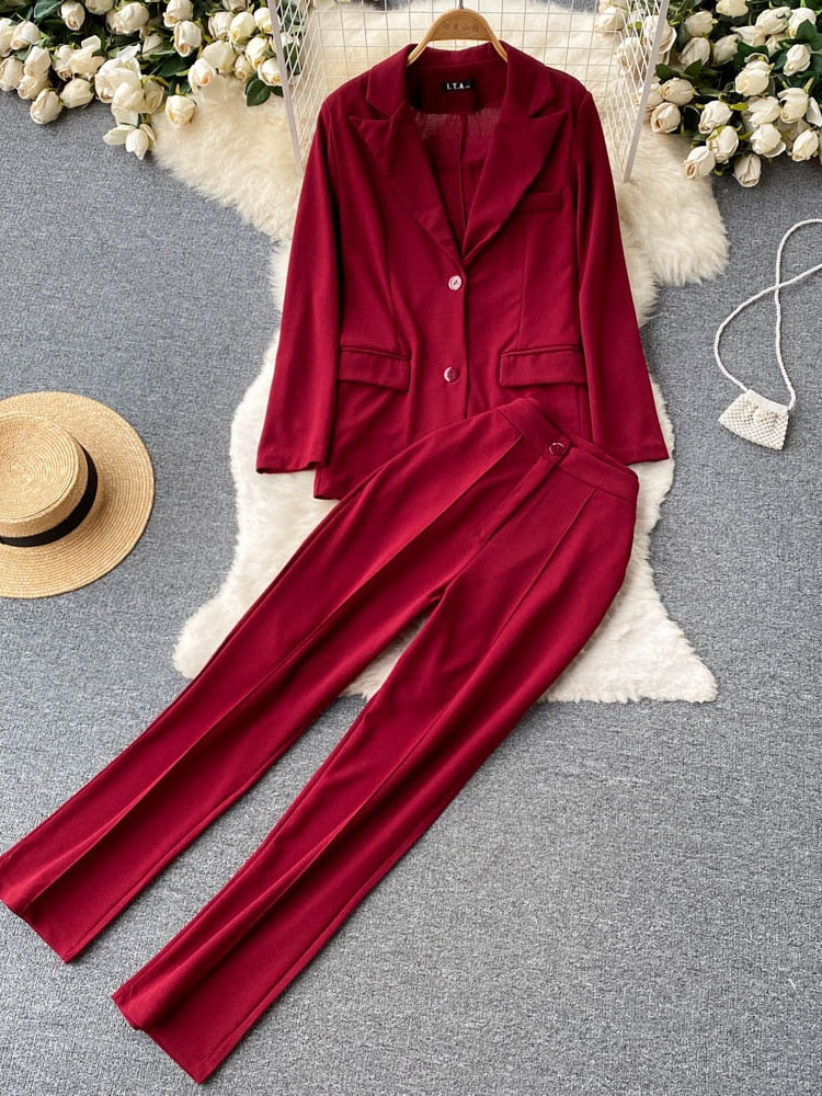 Elegant Three Piece Tank Tops Loose Jacket and Slim High Waisted Long Pants Suits