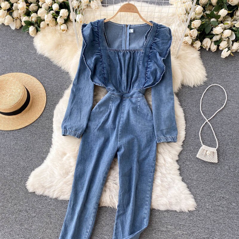 Vintage Square Collar Long Sleeve Ruffled Slim Denim Jumpsuit Denim Jumpsuit