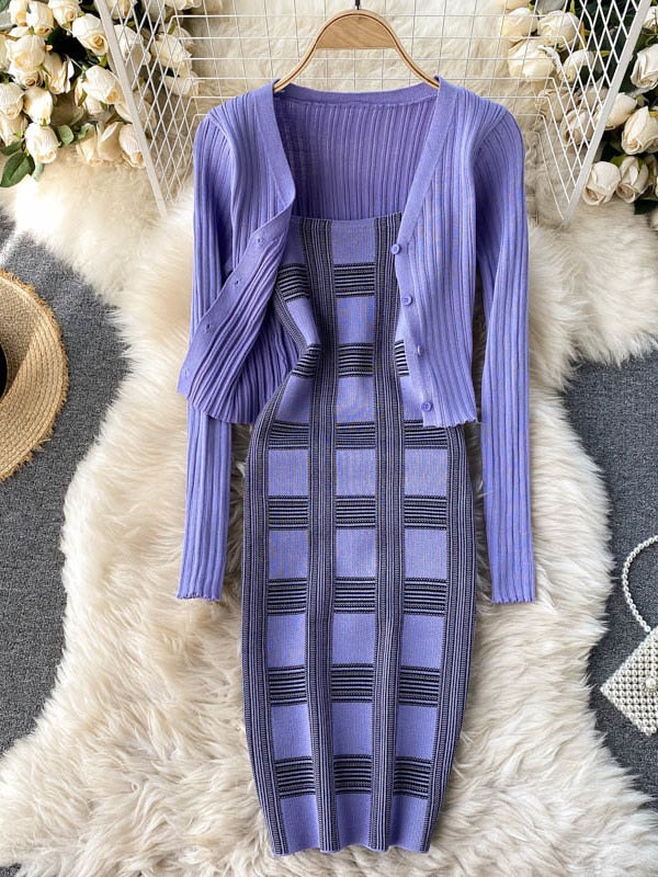 plaid print spaghetti strap bodycon mini dress and long sleeve knit cardigan suits