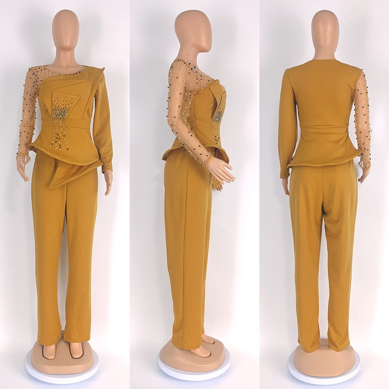 Vintage Ruffles Fan-shaped Blazer Tops and Pants Suit