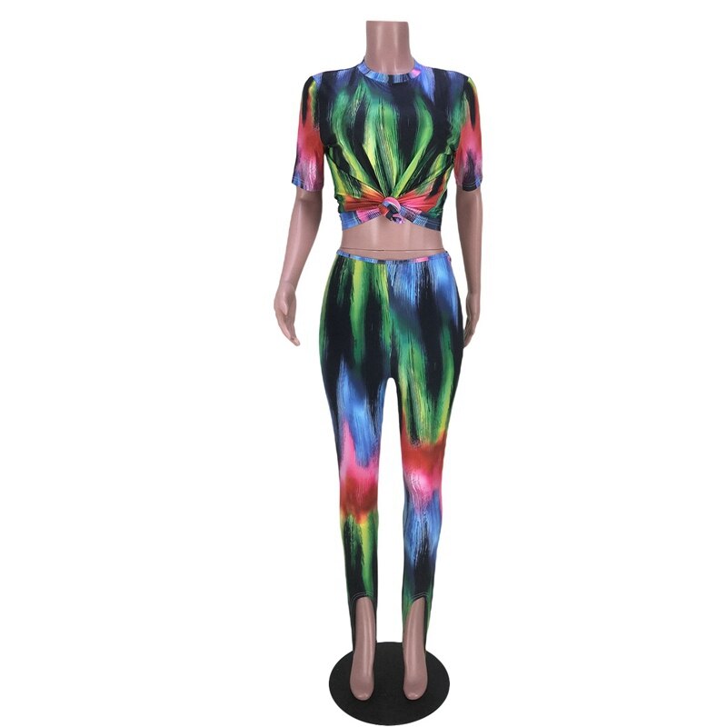 Tie Dye Two Piece Sets Crop Top Pants Bodycon Matching Sets.