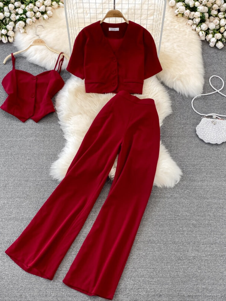 V-neck Shirt Jacket Three-piece Suit High Waist Wide Leg Long Pants Sets