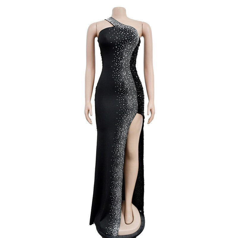 One Shoulder Backless Diamond Sequin Long Bodycon Dress