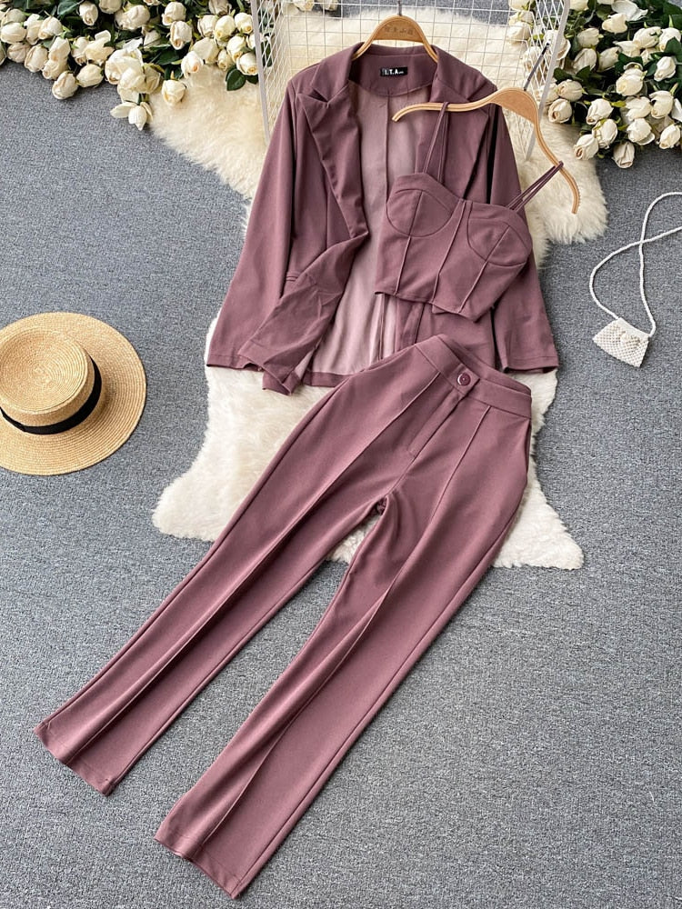 Elegant Three Piece Tank Tops Loose Jacket and Slim High Waisted Long Pants Suits