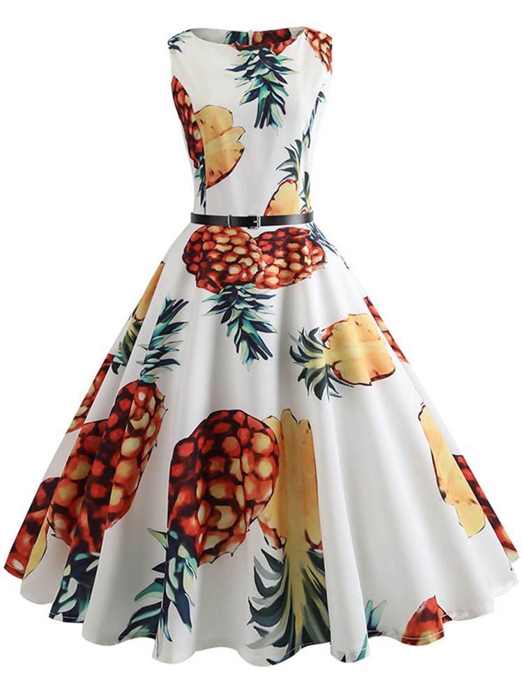 Pineapple Print Vintage Sleeveless Dresses