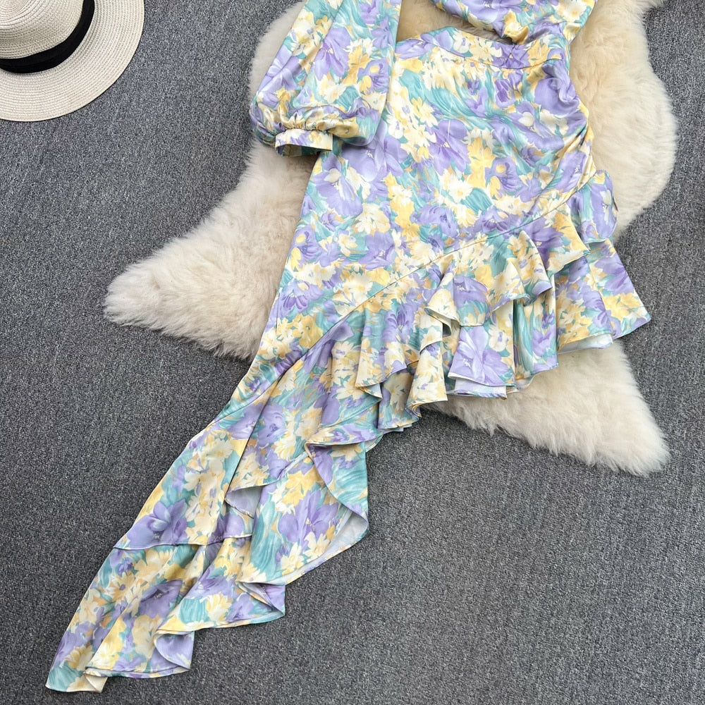 Floral Print Irregular One Shoulder Long Sleeve Hollow Out Ruffles Dresses