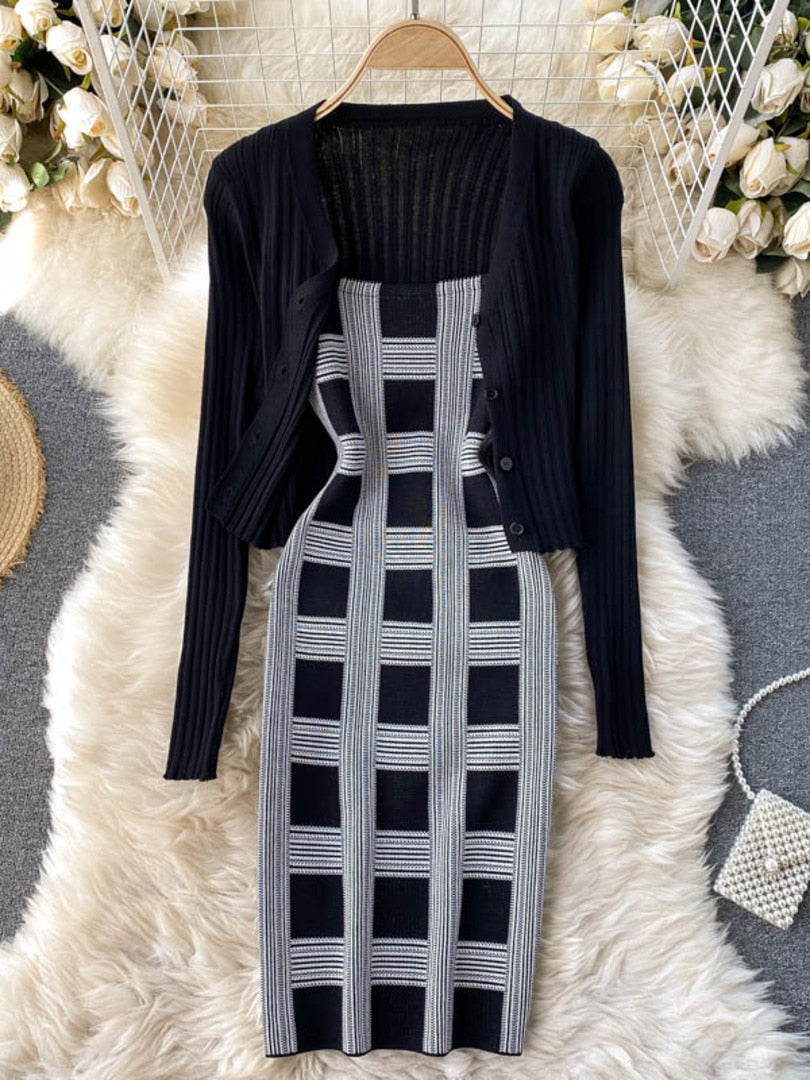 plaid print spaghetti strap bodycon mini dress and long sleeve knit cardigan suits