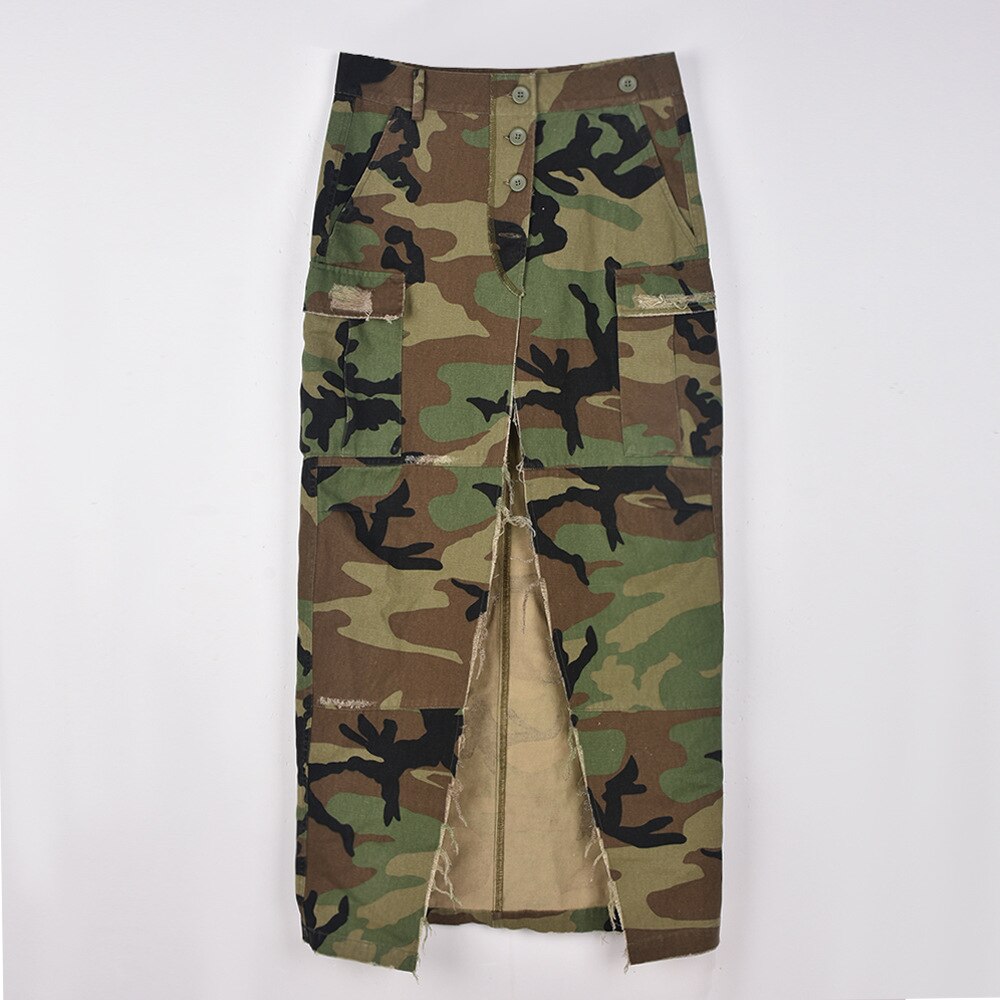 Camouflage High Side Slit Button Front Waist Maxi Long Skirt