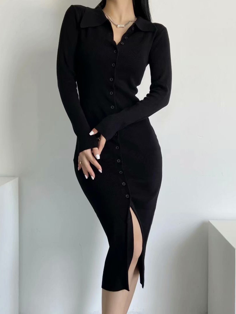 Autumn Winter Bodycon Sweater Knitted Midi Split Long Sleeve Casual Dress