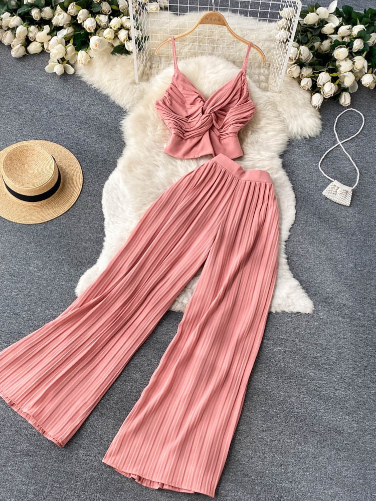 Spaghetti Strap Tops High Waist Long Pants Two Piece Set