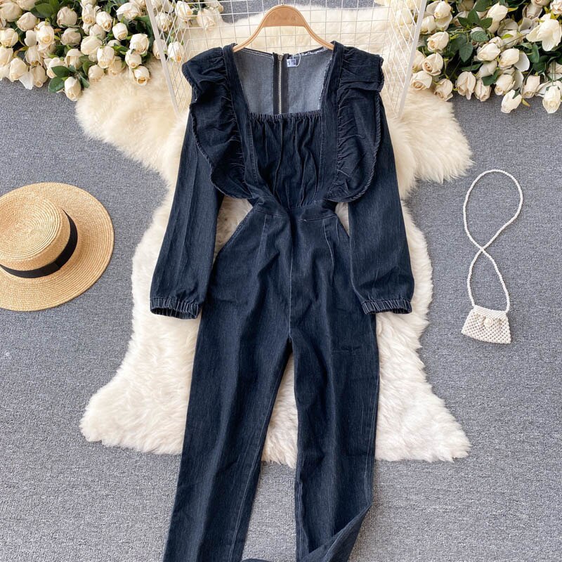 Vintage Square Collar Long Sleeve Ruffled Slim Denim Jumpsuit Denim Jumpsuit