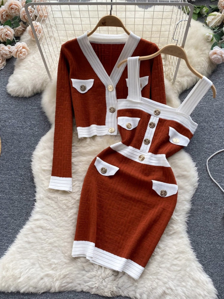 Knitted Cardigan Coat + Suspender Knit Dress Two Piece Sets