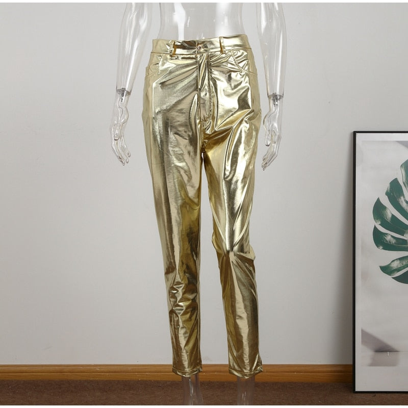 Faux Leather  Trousers Skinny Tight Pocket Button Pants