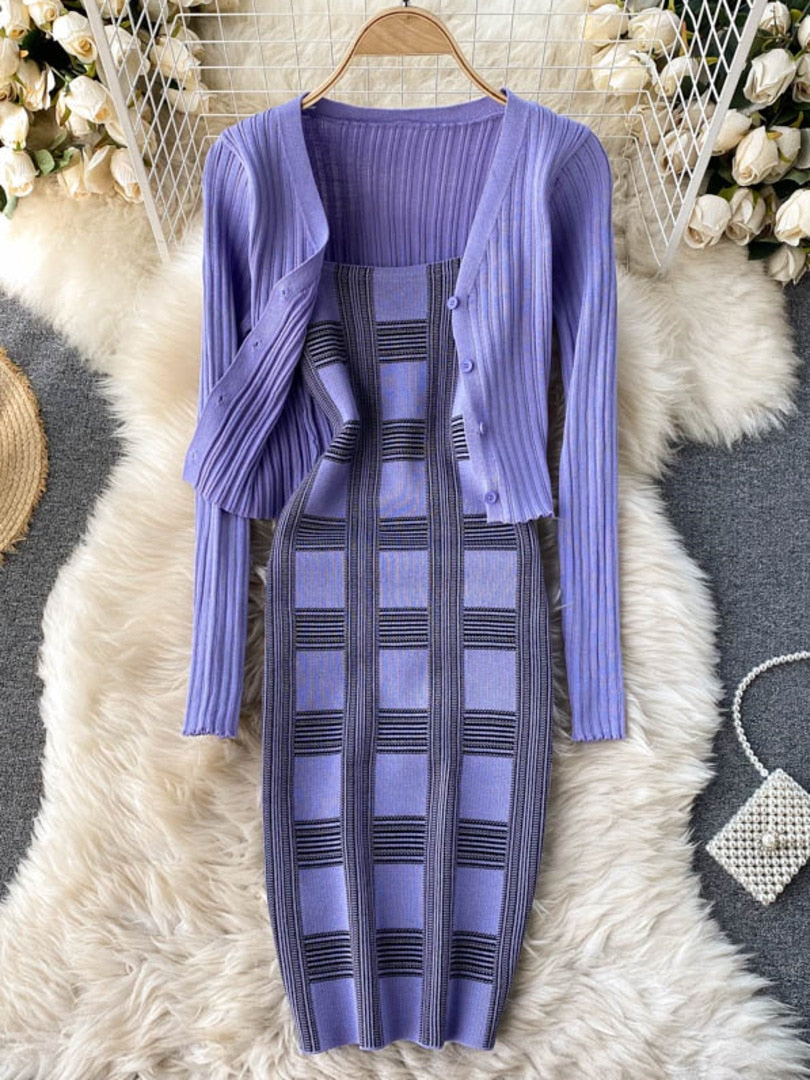 plaid print spaghetti strap bodycon mini dress and long sleeve knit cardigan suits