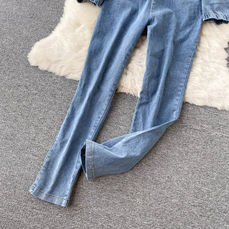 Vintage Square Collar Long Sleeve Ruffled Slim Denim Jumpsuit Denim Jumpsuit