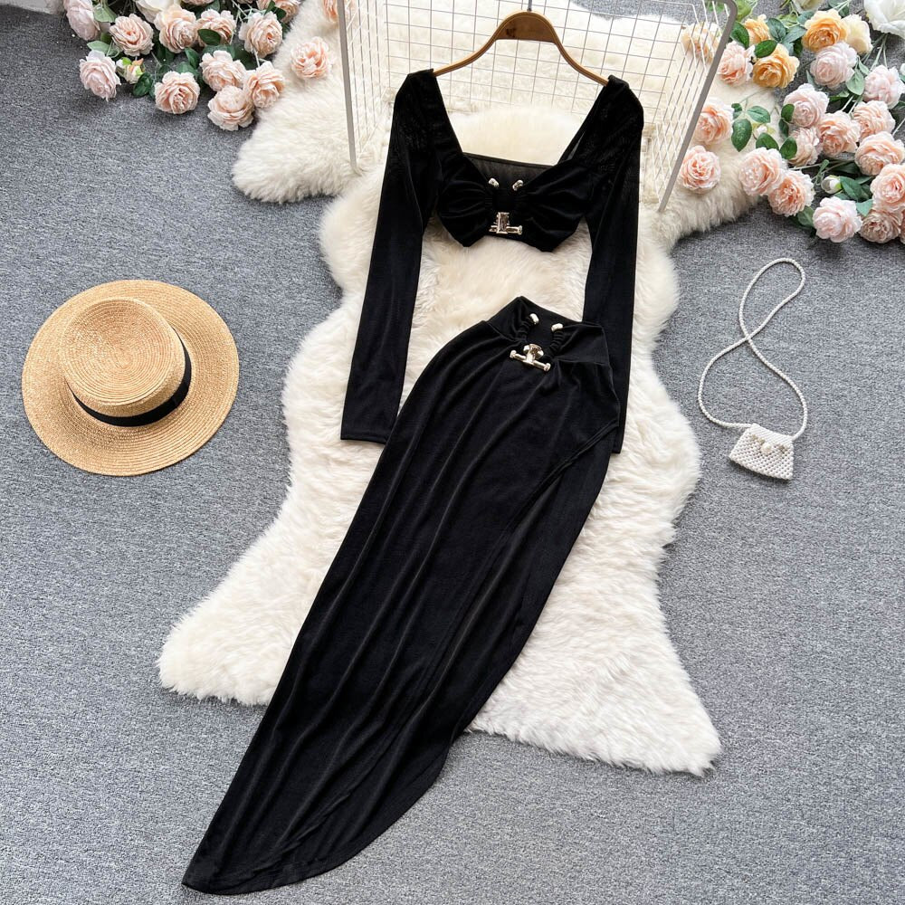 Long Sleeve Crop Top + Elastic Waist High Slit Long Skirt Suits