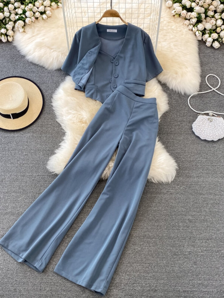 V-neck Shirt Jacket Three-piece Suit High Waist Wide Leg Long Pants Sets