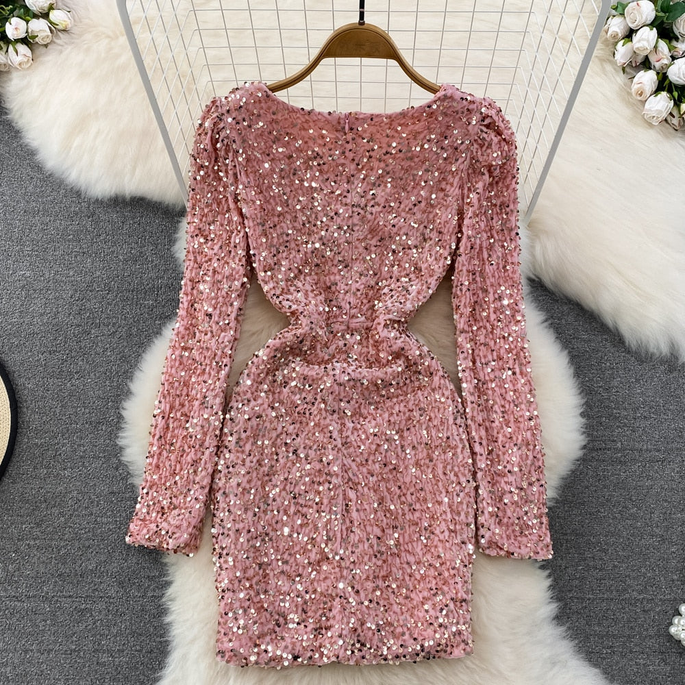 Sequins Glittering Mini Elegant Mesh Patchwork V-neck Long Sleeve Slim Bodycon Velvet Dress