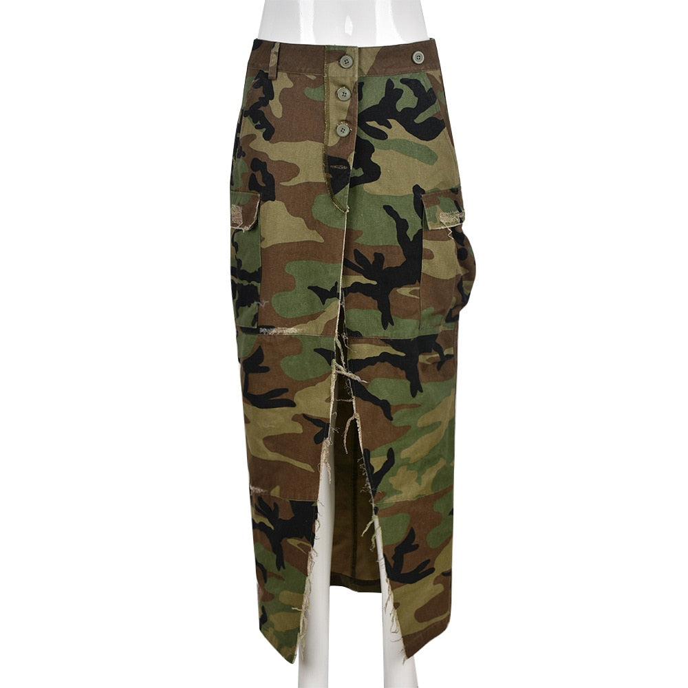 Camouflage High Side Slit Button Front Waist Maxi Long Skirt