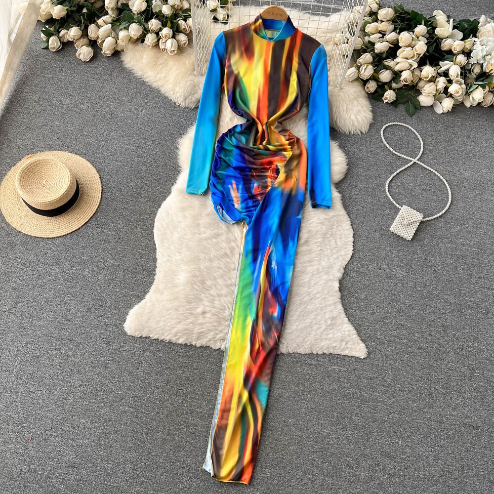 Irregular Long Sleeve Turtleneck Dye-tie Print Bodycon Ruched Dress