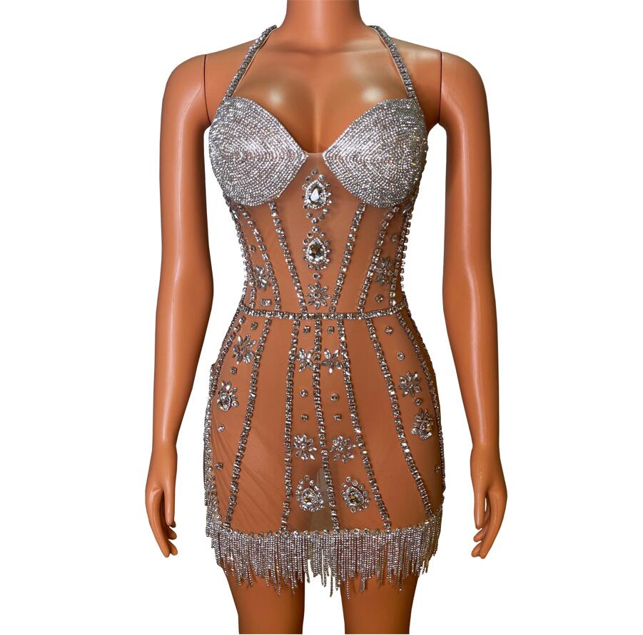 Glisten Silver Crystals Transparent Rhinestones Dress